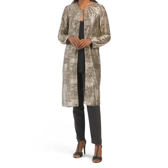 NWT Anne Klein $119 Black Gold Foil Metallic Lightweight Duster Cardigan SZ L - Picture 1 of 11